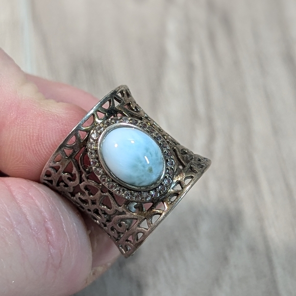 Victorian Larimar Stone CZ & Sterling Silver Laser Cut Heart Wide Band Ring - Picture 1 of 11